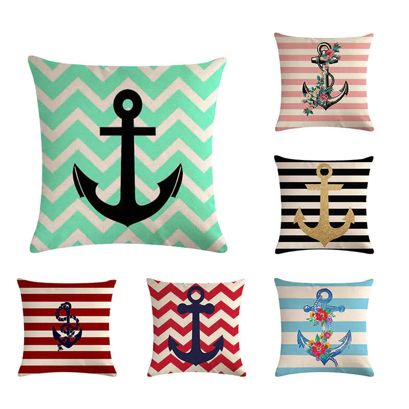Nautical Anchor Linen Pillow Cover Set